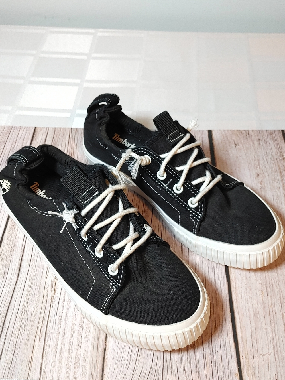 Timberland Women's Black Canvas Low-Top Sneakers with White Soles